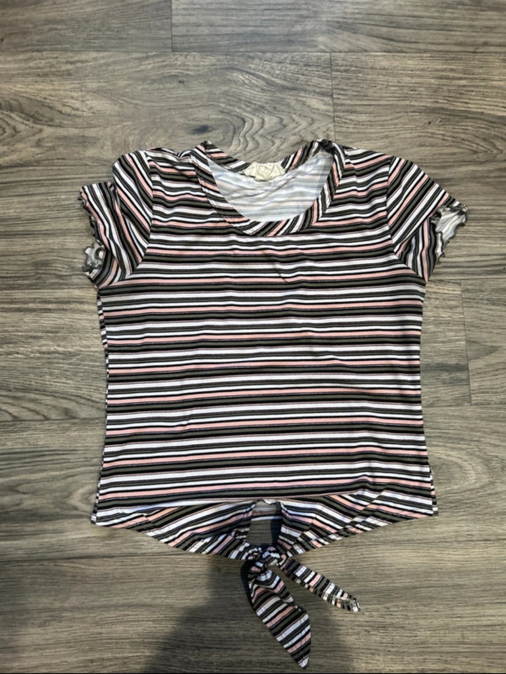 Striped Tie-Front Short Sleeve Top - Pink/Black/White
